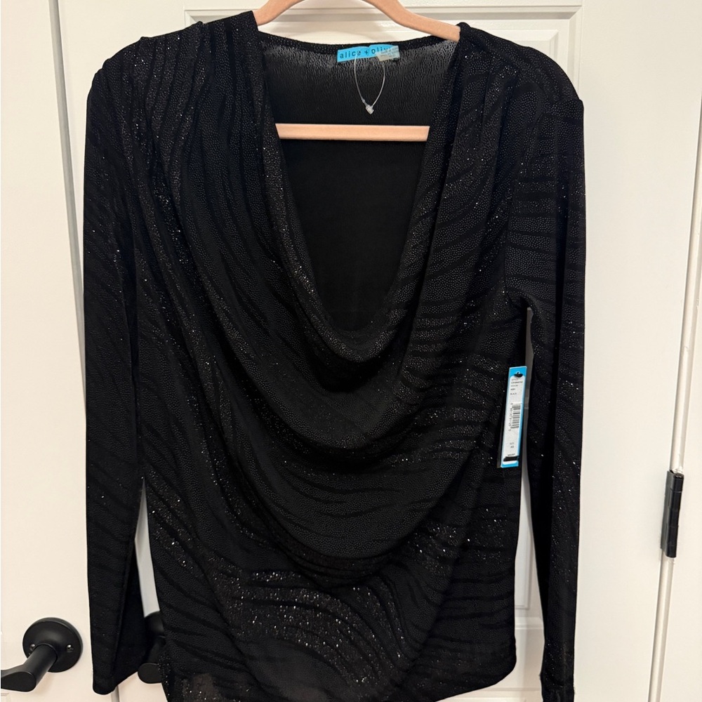 Alice + Olivia Black Sparkle Cowl Long Sleeve Top
